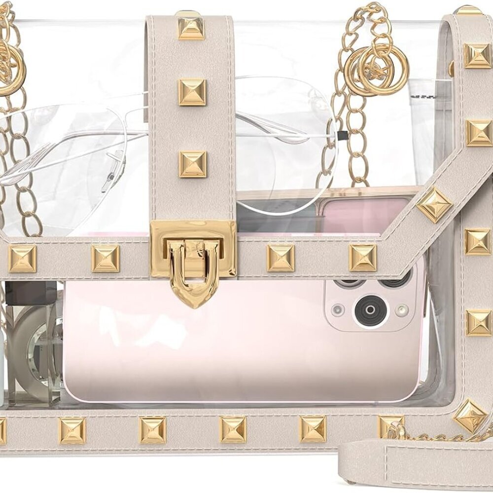 Clear Studded Crossbody Bag with Pink Interior Accent